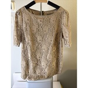Classiques Entier Womens Floral Lace Overlay Short Sleeve Top Tan Size L